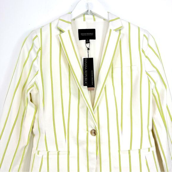 Banana Republic White Neon Yellow Vertical Pinstripe Long Lean Blazer Jacket NEW - Picture 6 of 16
